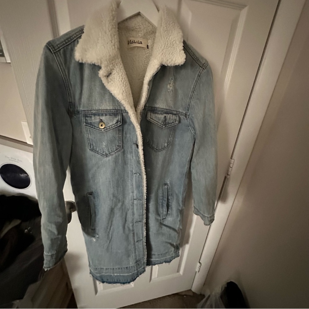 Pistola Blue Denim Long Jacket with White Sherpa Lining